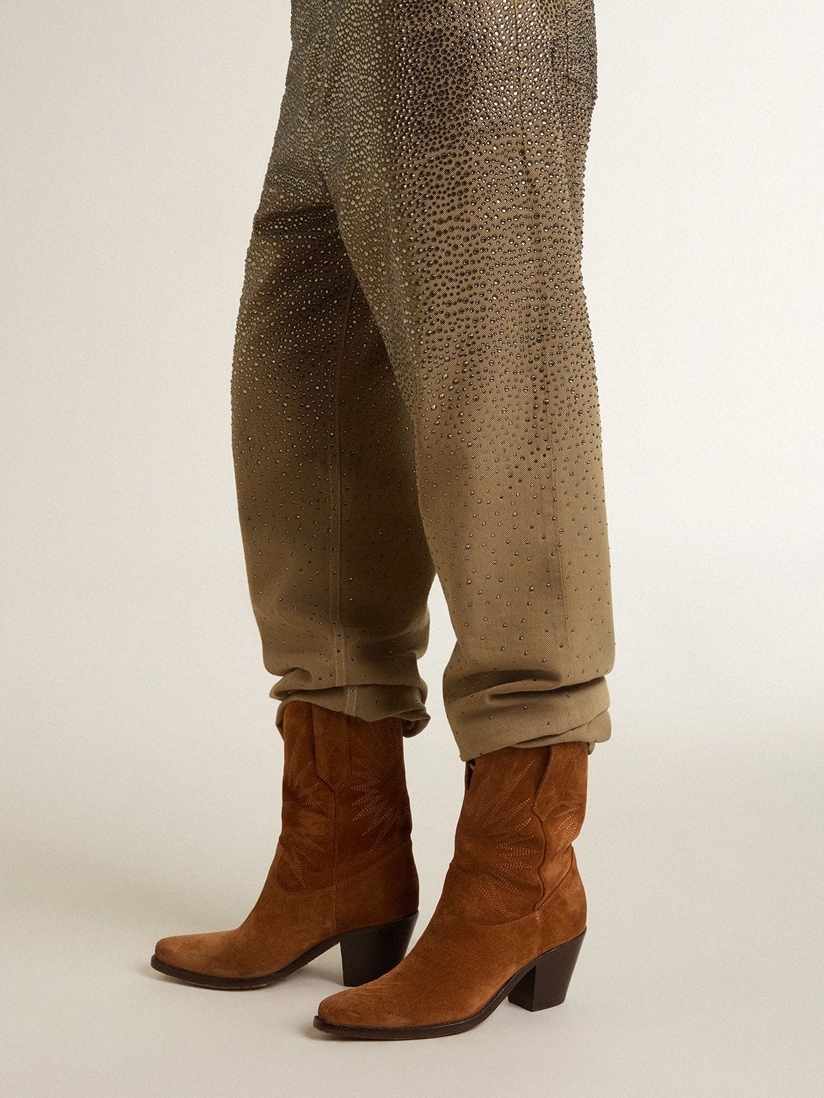 Low Wish Star boots in cognac suede with tone-on-tone embroidered star