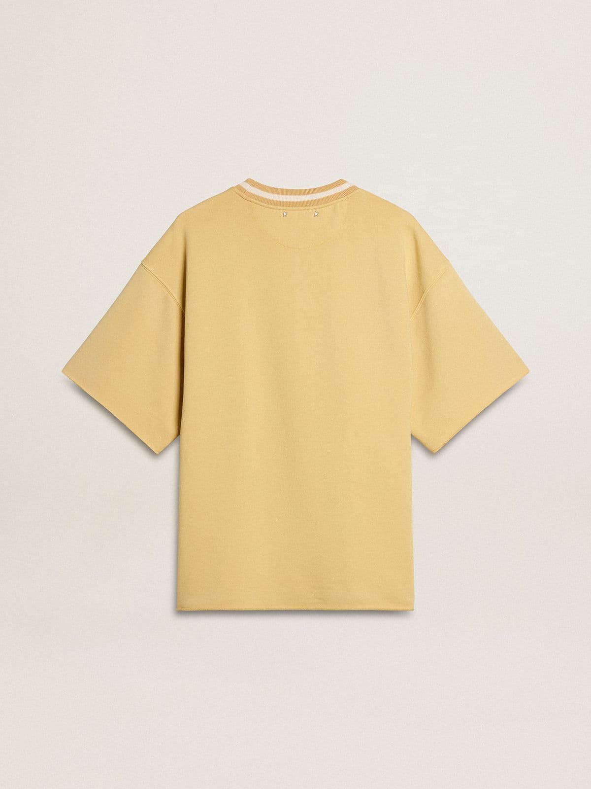 Men's oversized yellow cotton T-shirt with blue print