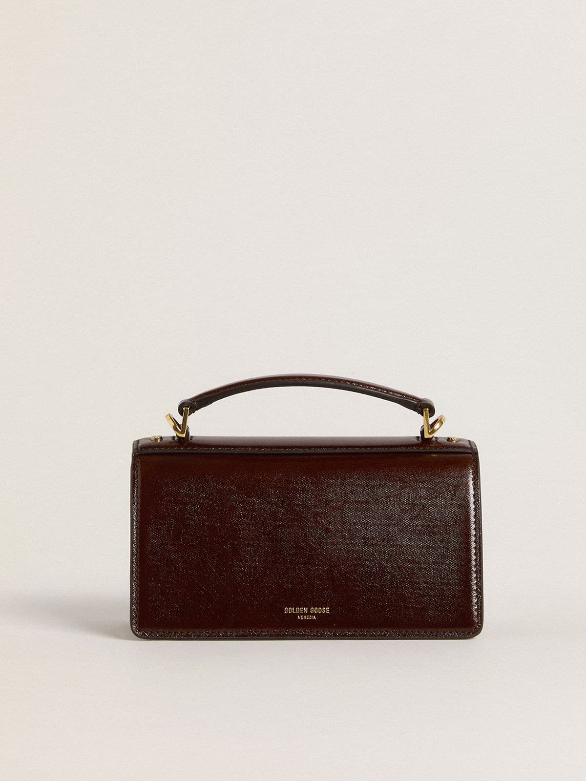 Small Venezia Bag in dark brown laminated leather with gold details