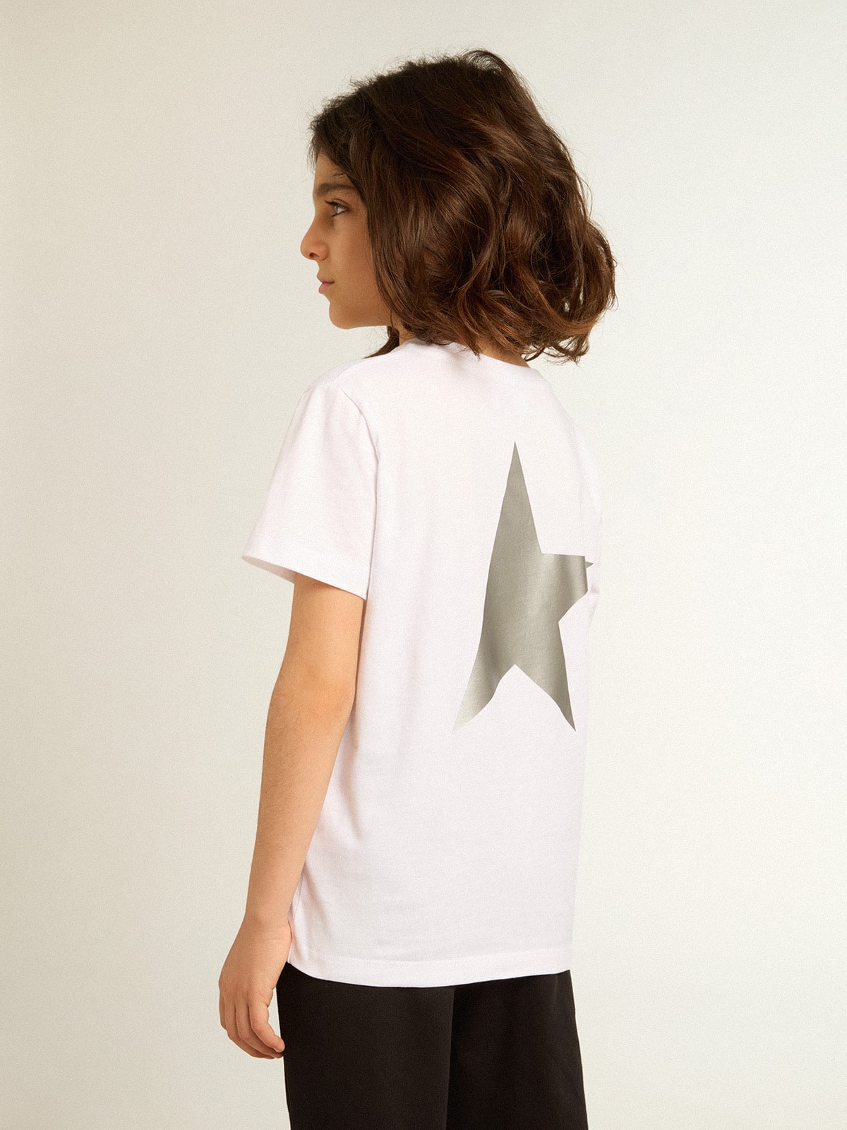 White T-shirt with contrasting silver logo on the front