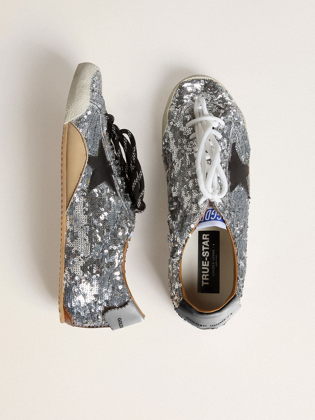 Men's True-Star in silver sequins with black star and beige leather heel tab