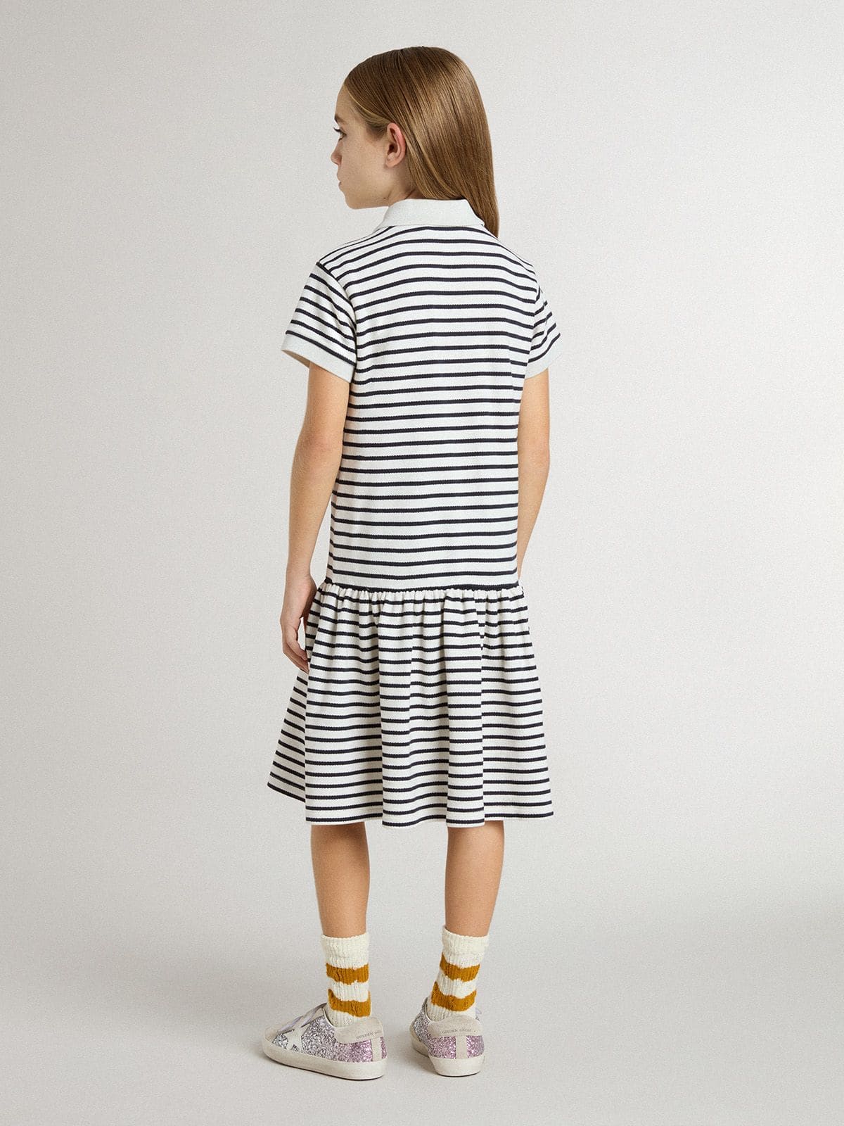 Girls' midi dress in striped cotton blend with embroidery