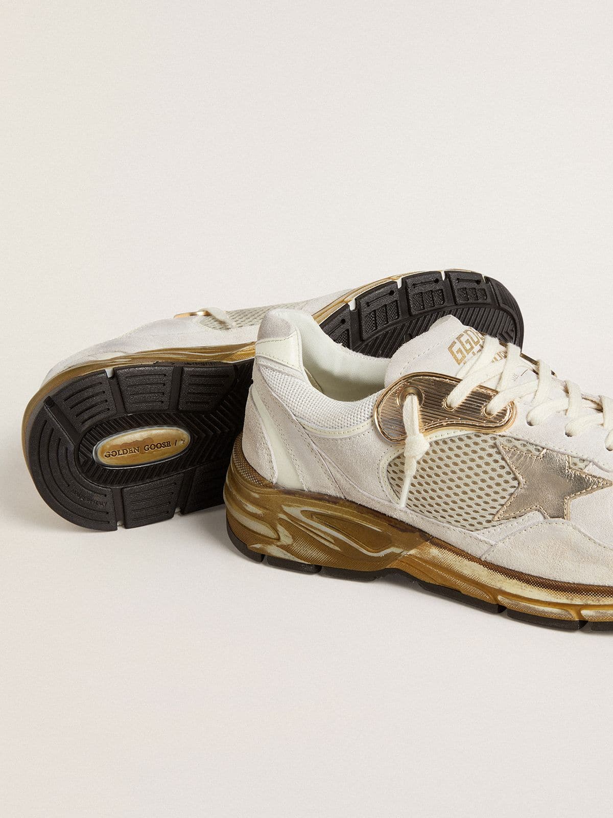 Men's Dad-Star in mesh and white suede with gold foiled leather star