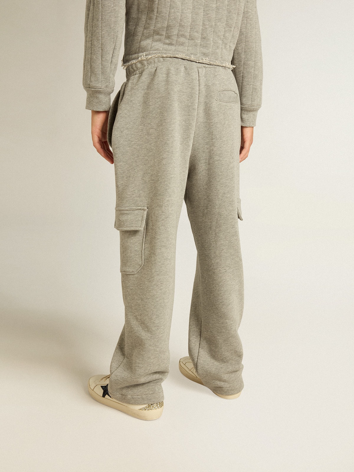 Gray melange cotton cargo joggers with embroidery