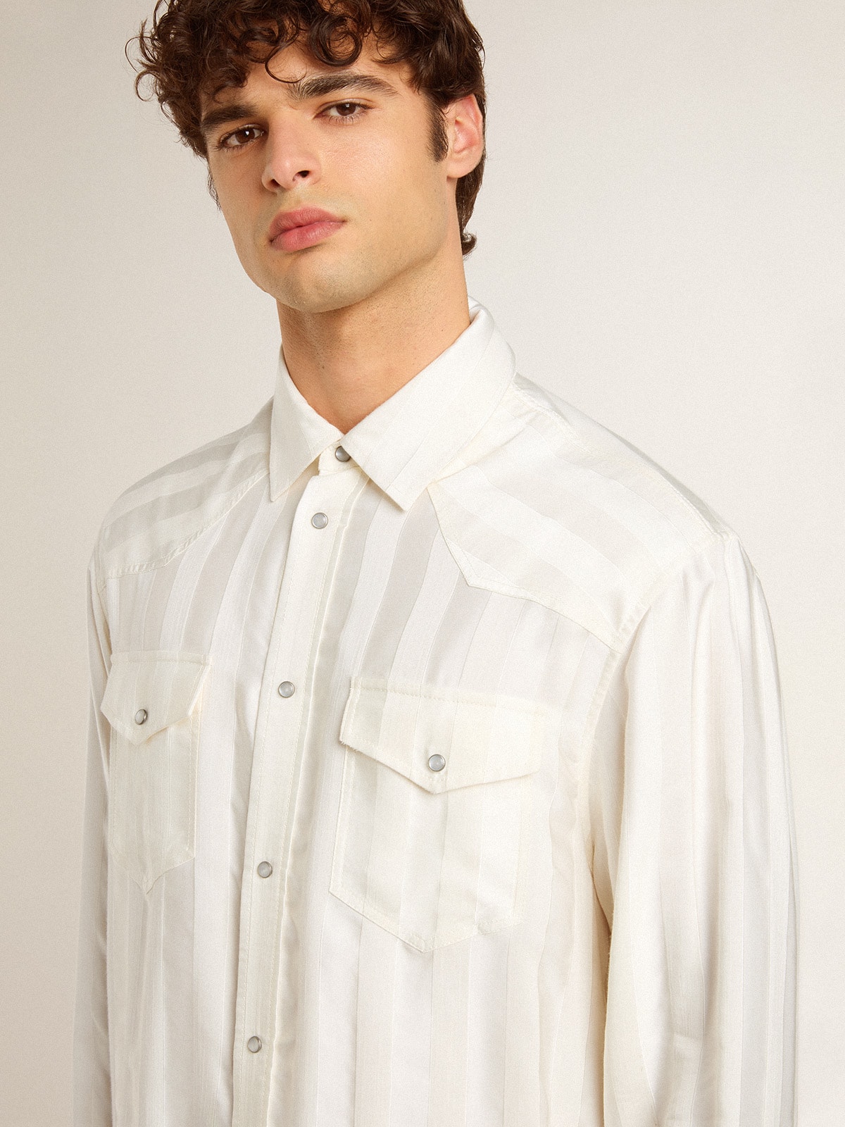 Men’s oversized worn-white shirt with vertical stripes