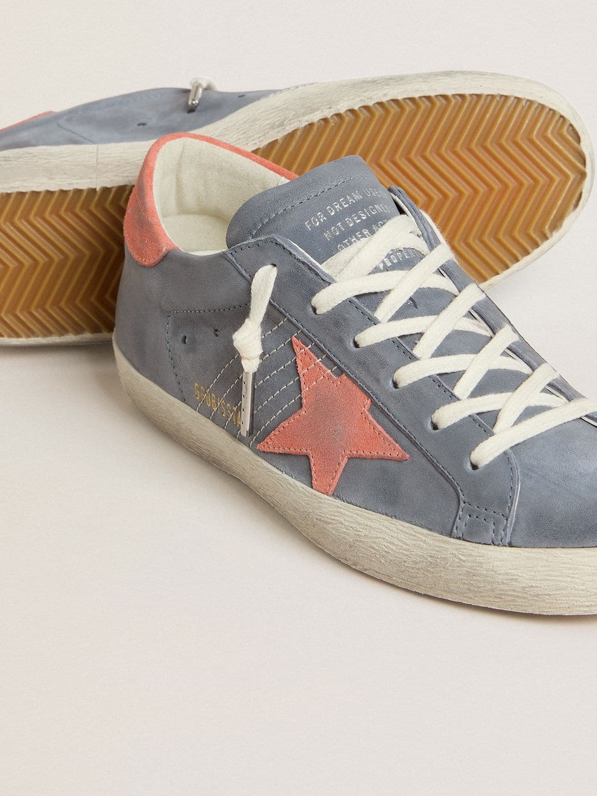Women's Super Star in blue nubuck with pink suede star and heel tab