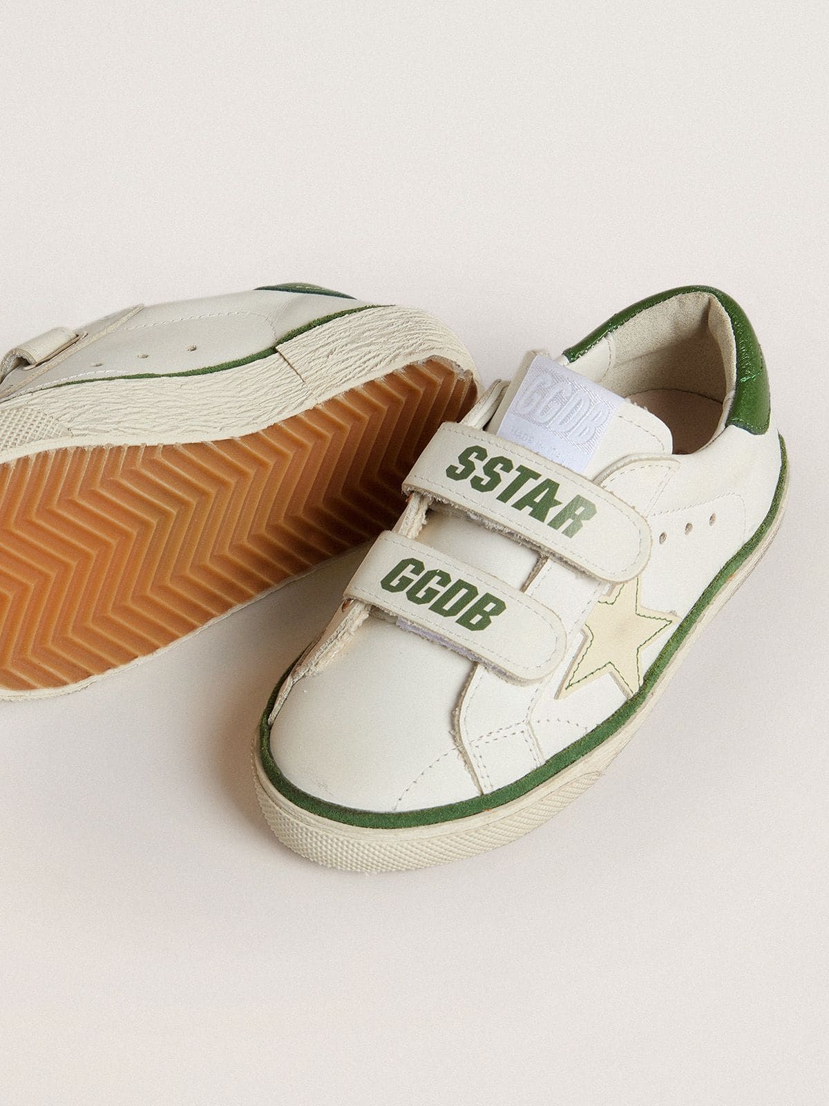 Young Old School in white leather with green nappa heel tab and green insert