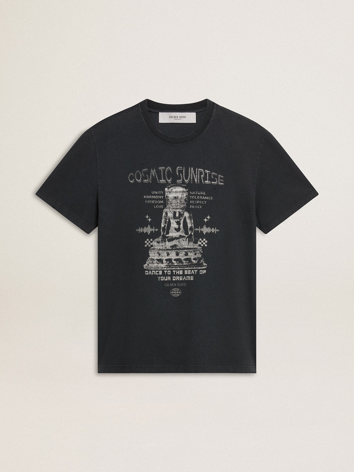 Men’s worn-black cotton T-shirt with print on the front