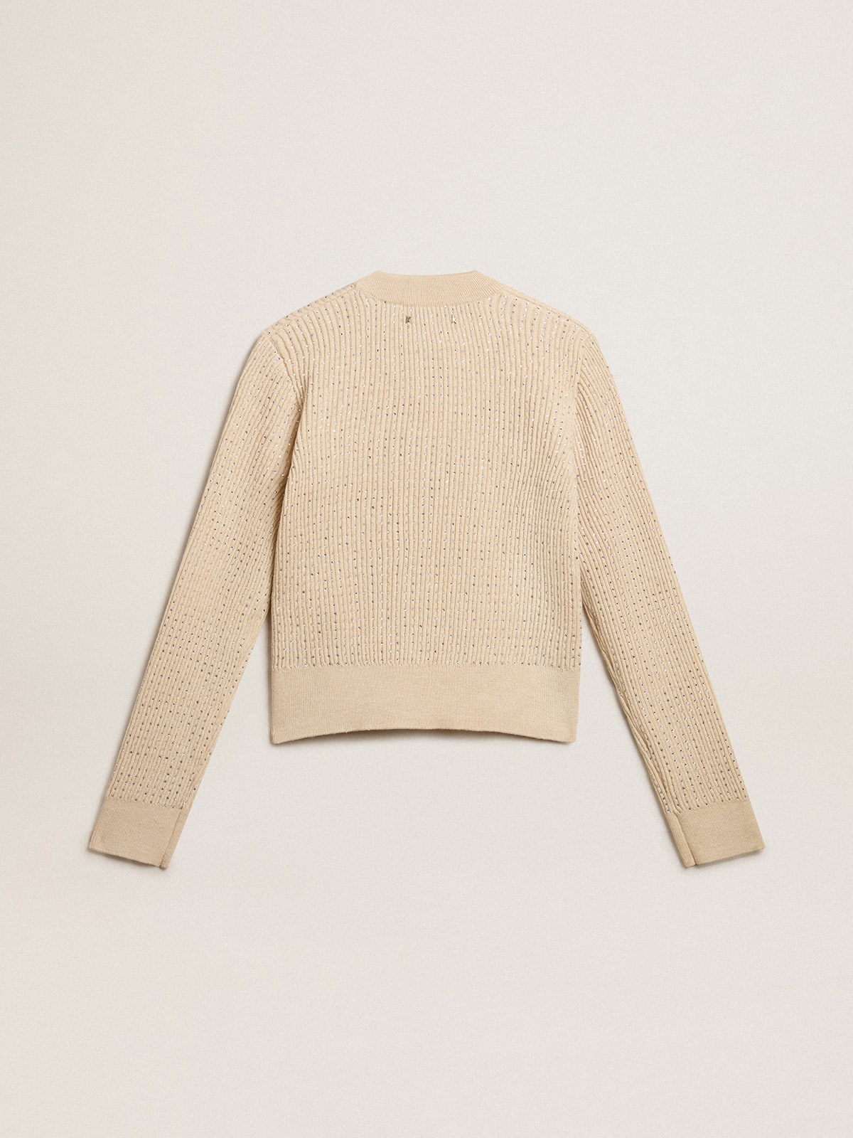 Cropped round-neck sweater in beige wool with all-over crystals