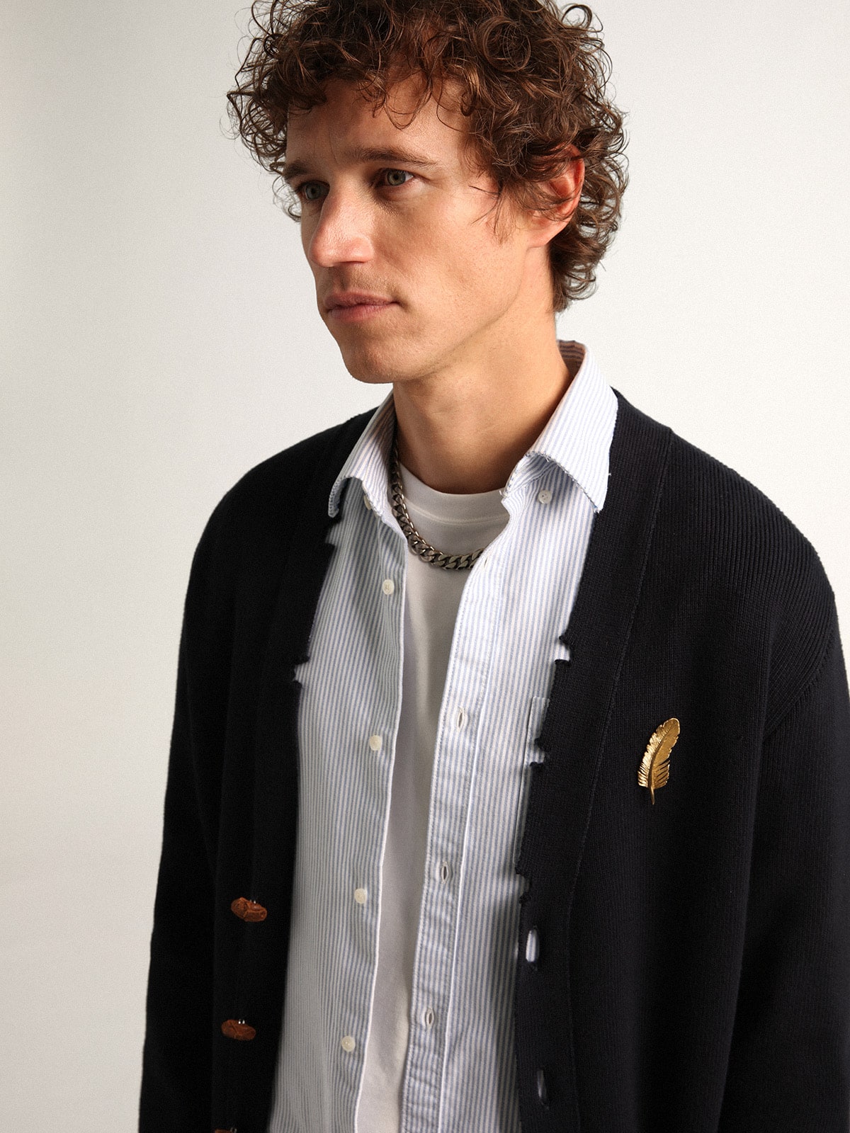 Golden Collection cardigan in dark blue cotton with a distressed finish