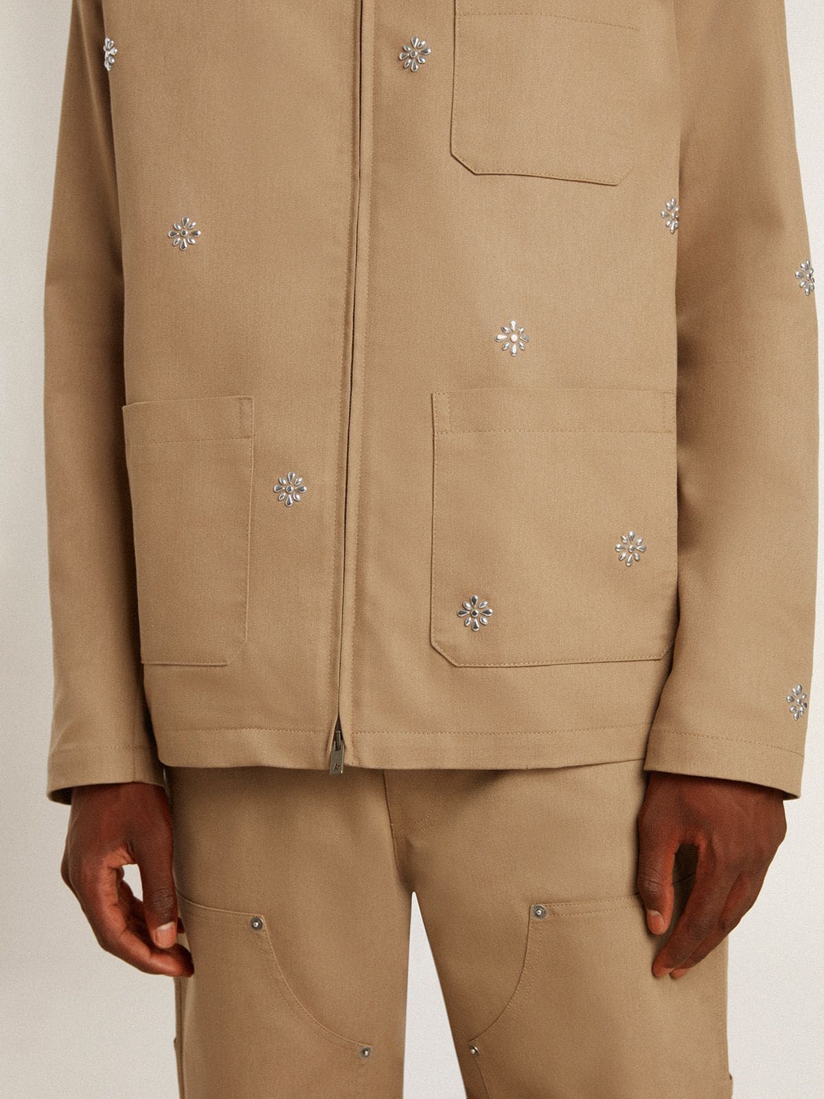 Men's beige jacket with floral embroidery and full zip