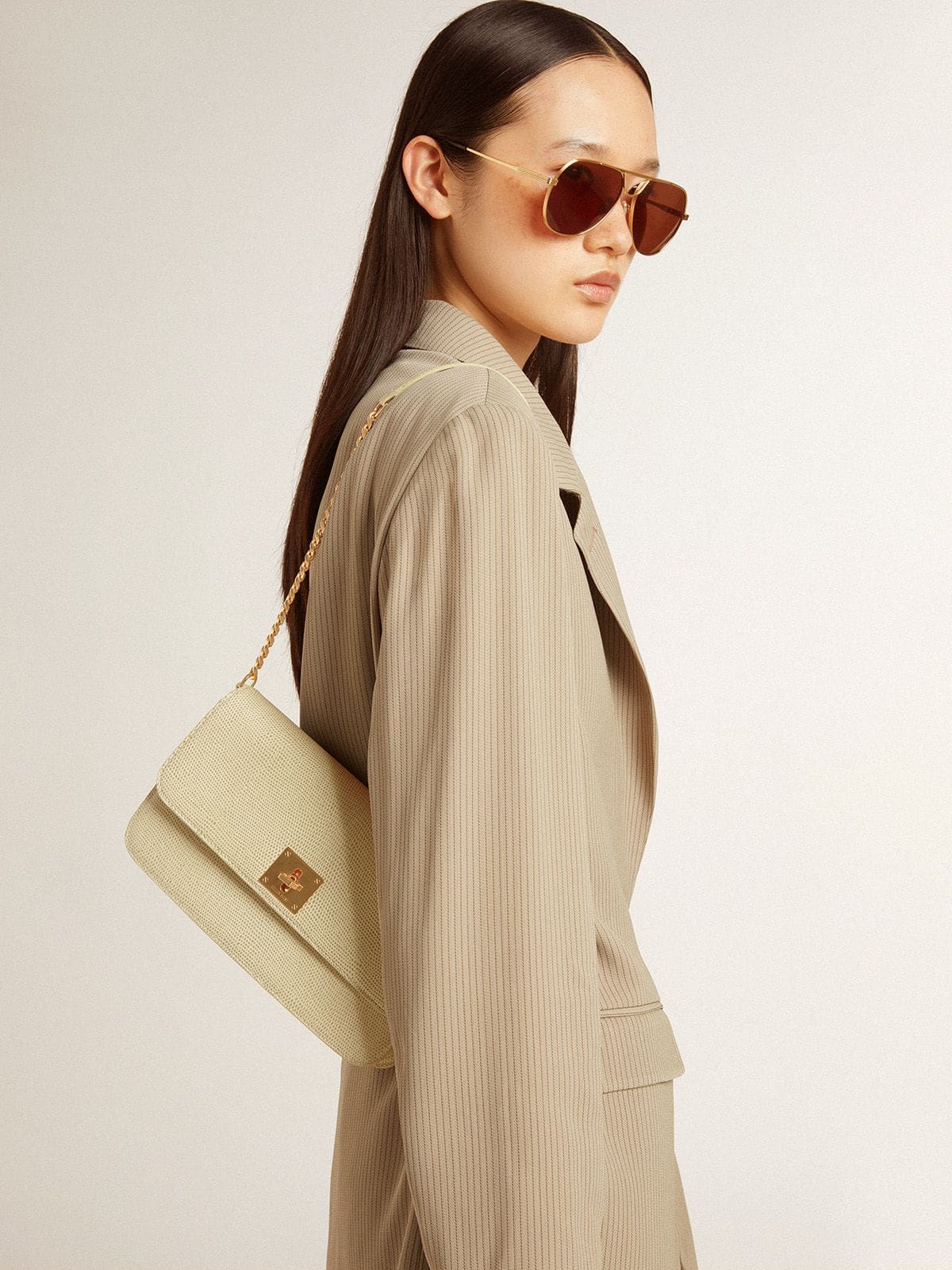 Gioia Bag in mineral-gray sheepskin leather with gold details