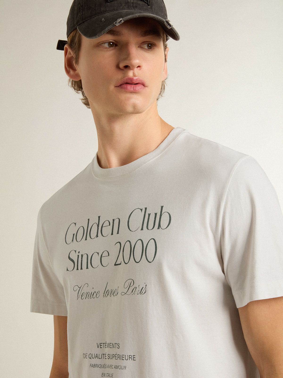 Men's white cotton T-shirt with green print