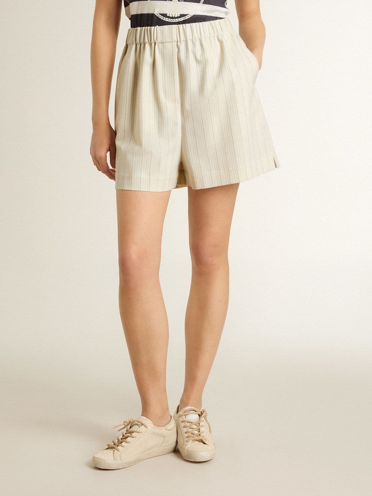 Women's white and gray pinstripe wool blend shorts