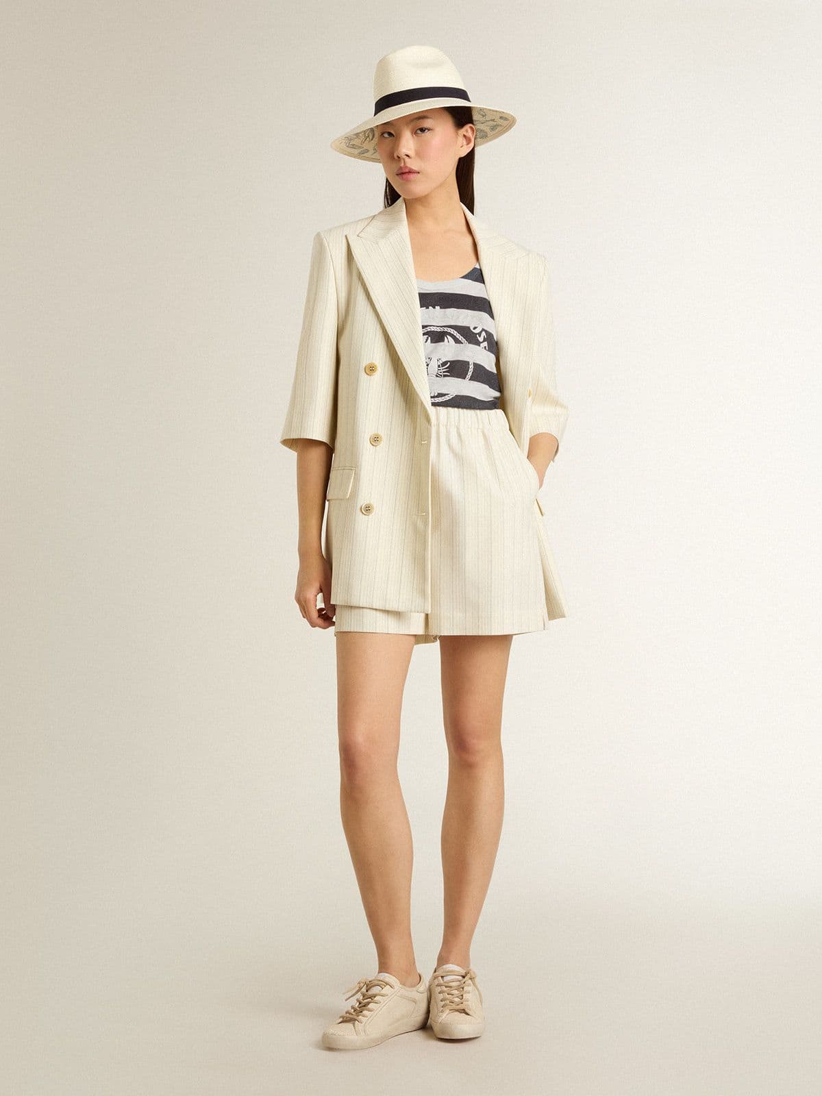 Women's blazer in white and gray pinstripe wool blend with short sleeves