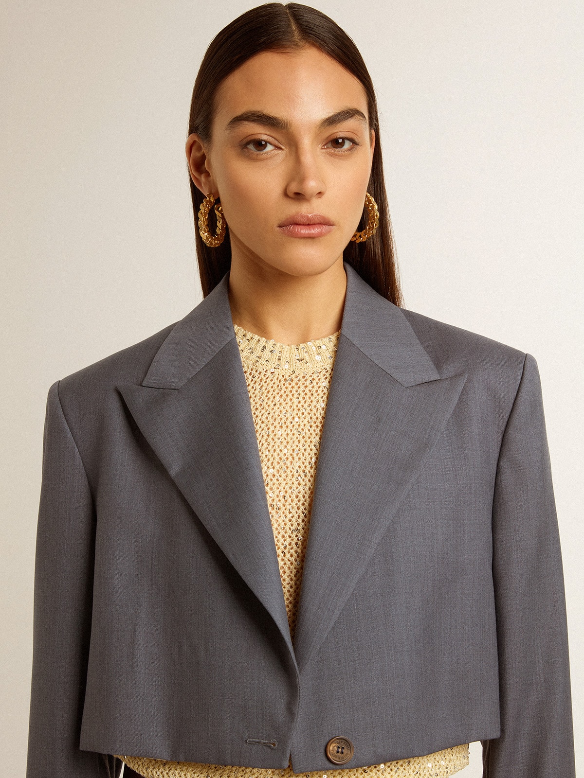 Women's single-breasted cropped jacket in baby blue wool