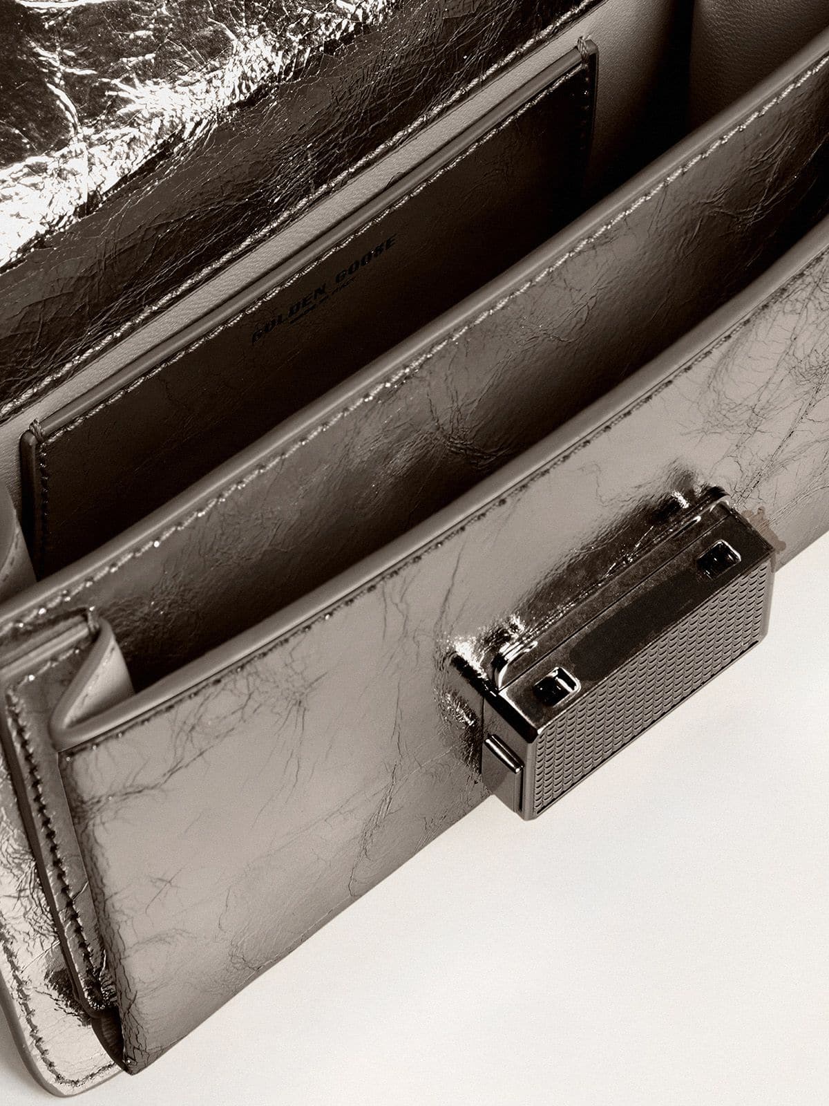 Small Venezia Bag in anthracite-gray metallic leather with black details