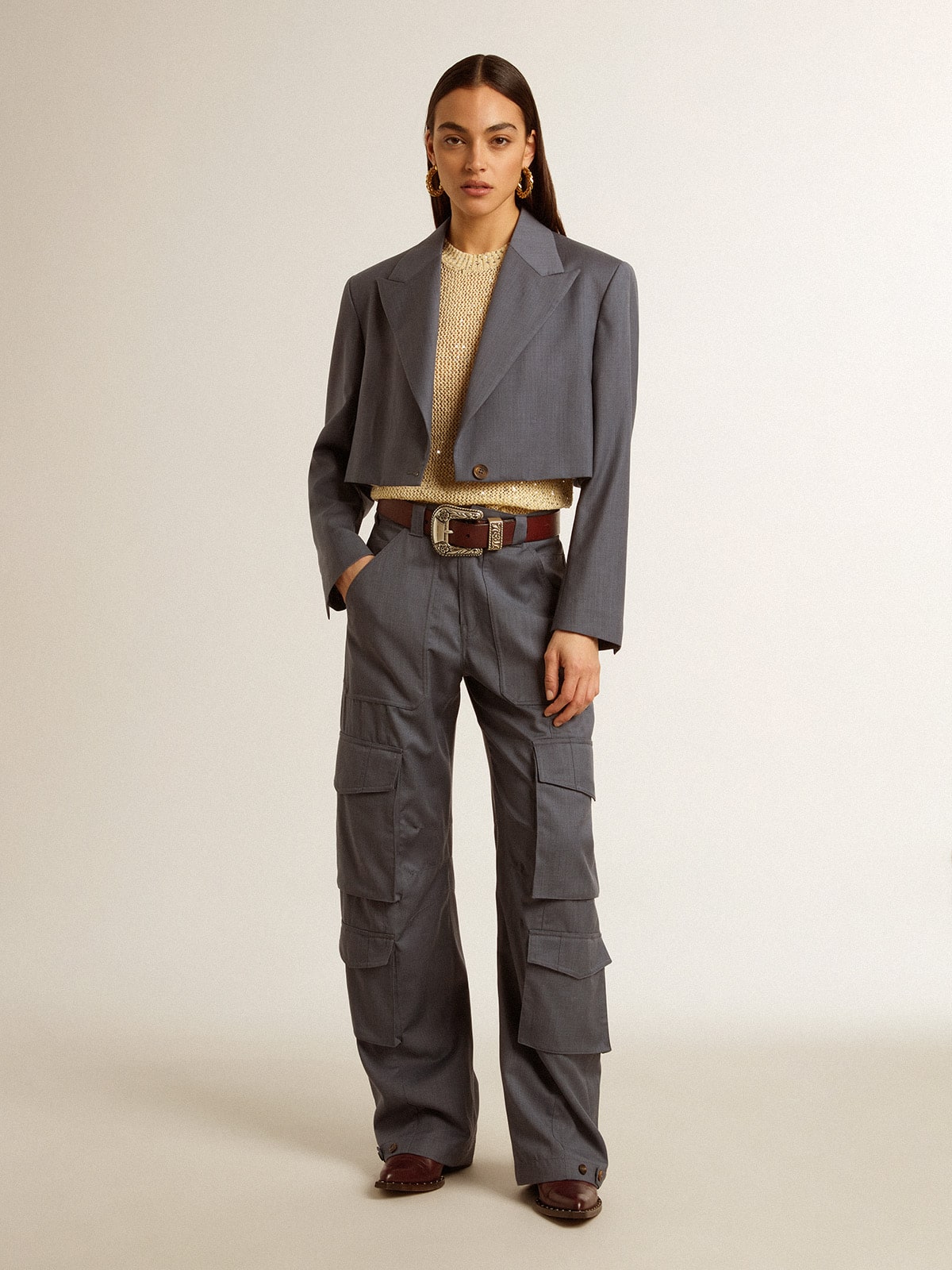 Women's cargo pants in baby blue wool