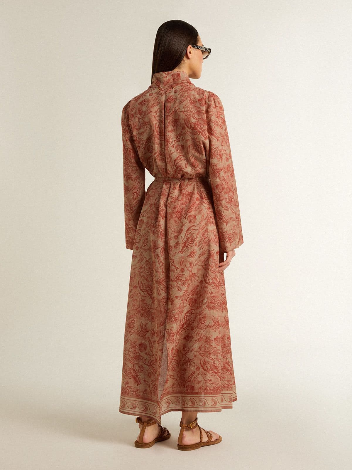 Women's kaftan in cotton voile with all-over brick-red marine print