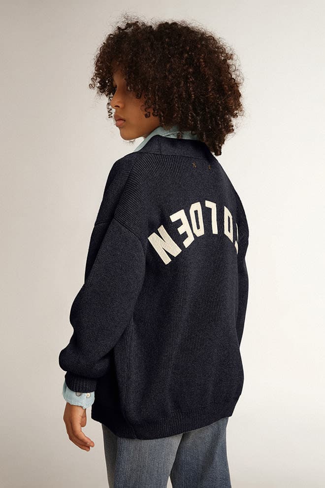 Dark blue cotton cardigan with logo on the back