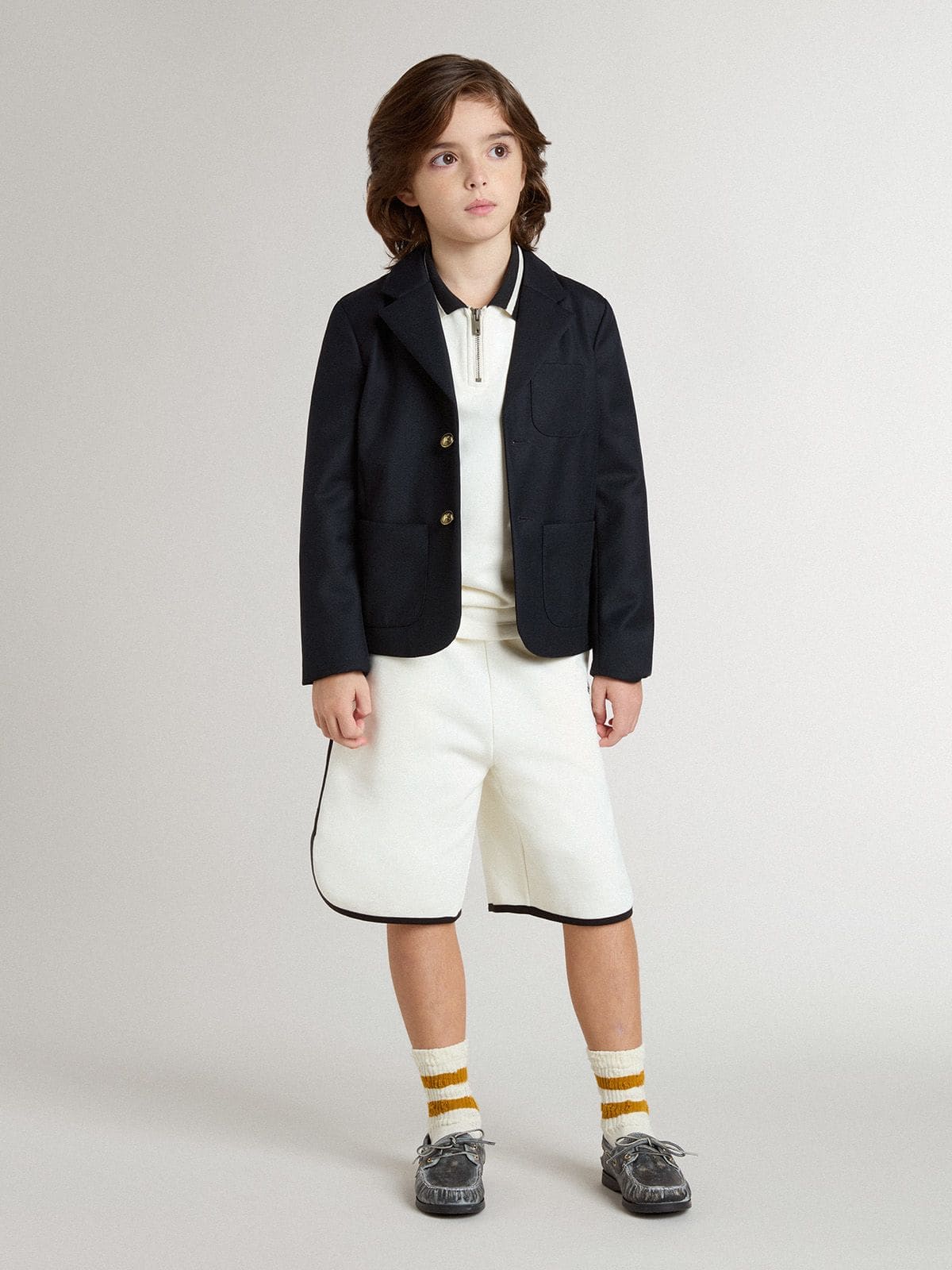 Kids white cotton polo sweatshirt with embroidery on the chest and print on the back