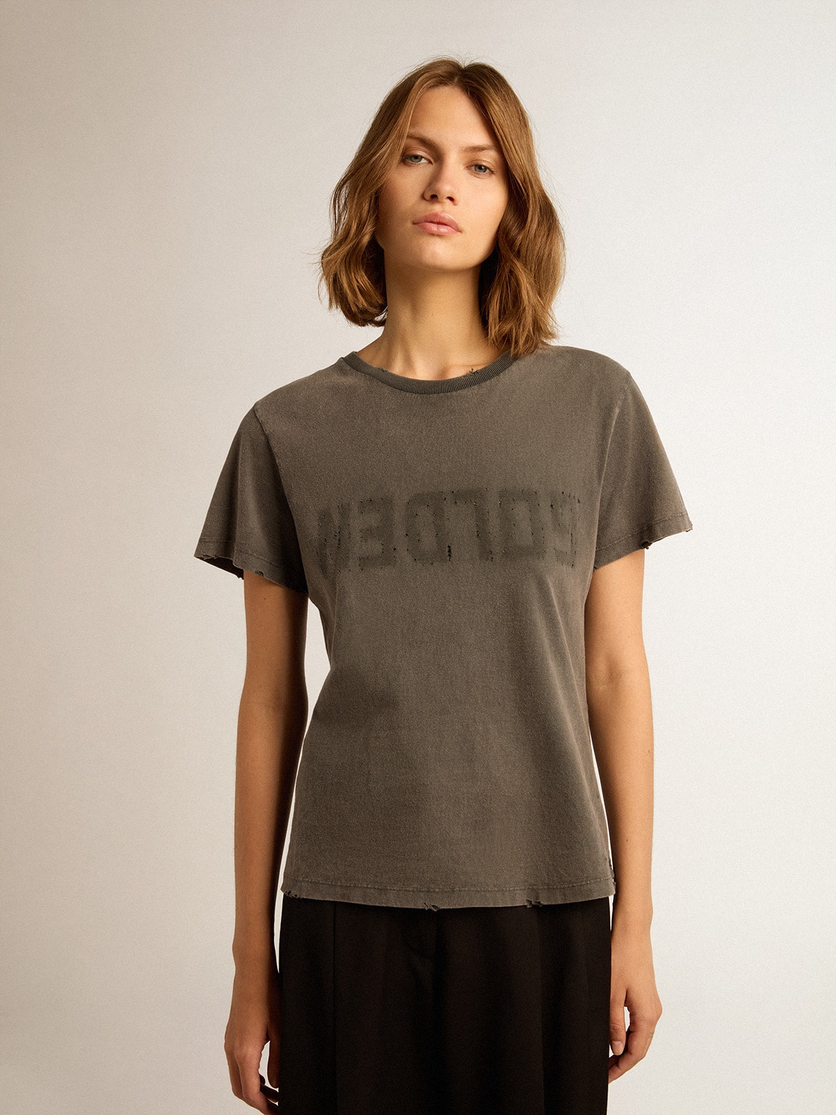 Distressed slim-fit T-shirt in anthracite gray
