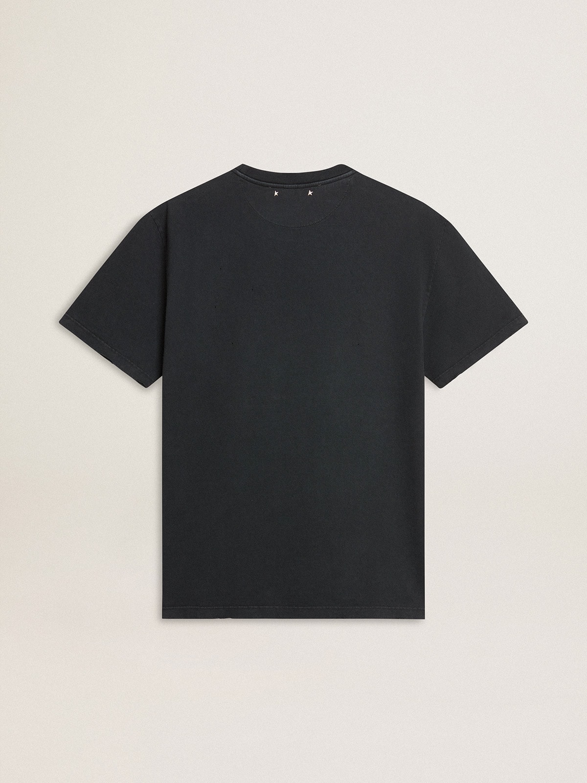 Men’s worn-black cotton T-shirt with print on the front