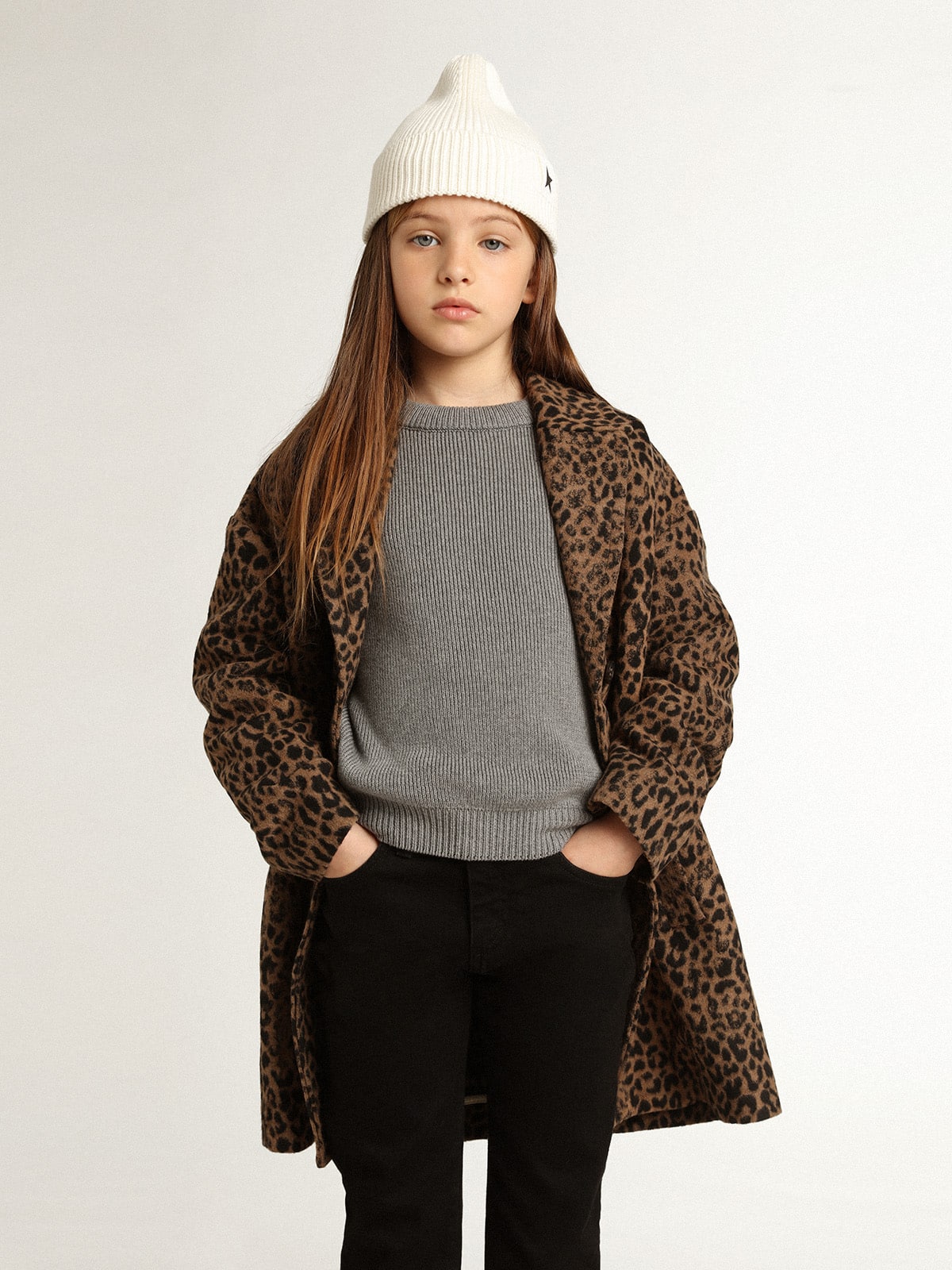 Girls’ single-breasted coat in wool with jacquard animal print