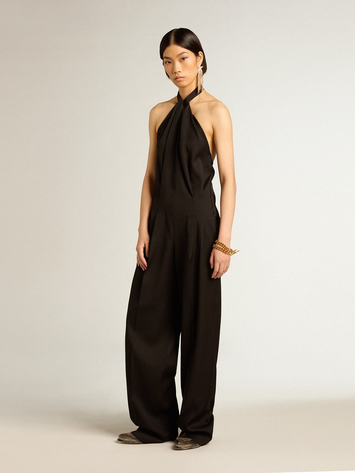Black wool gabardine jumpsuit