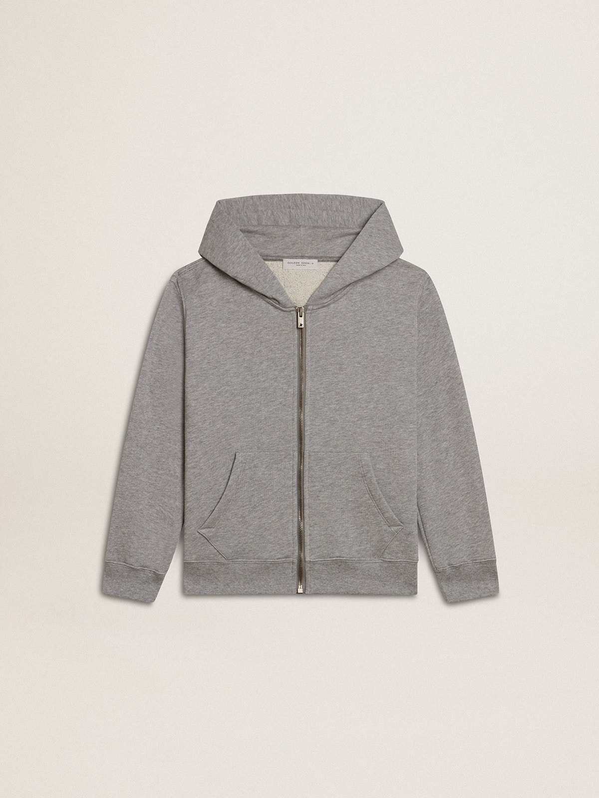 Gray melange hooded sweatshirt with print on the back