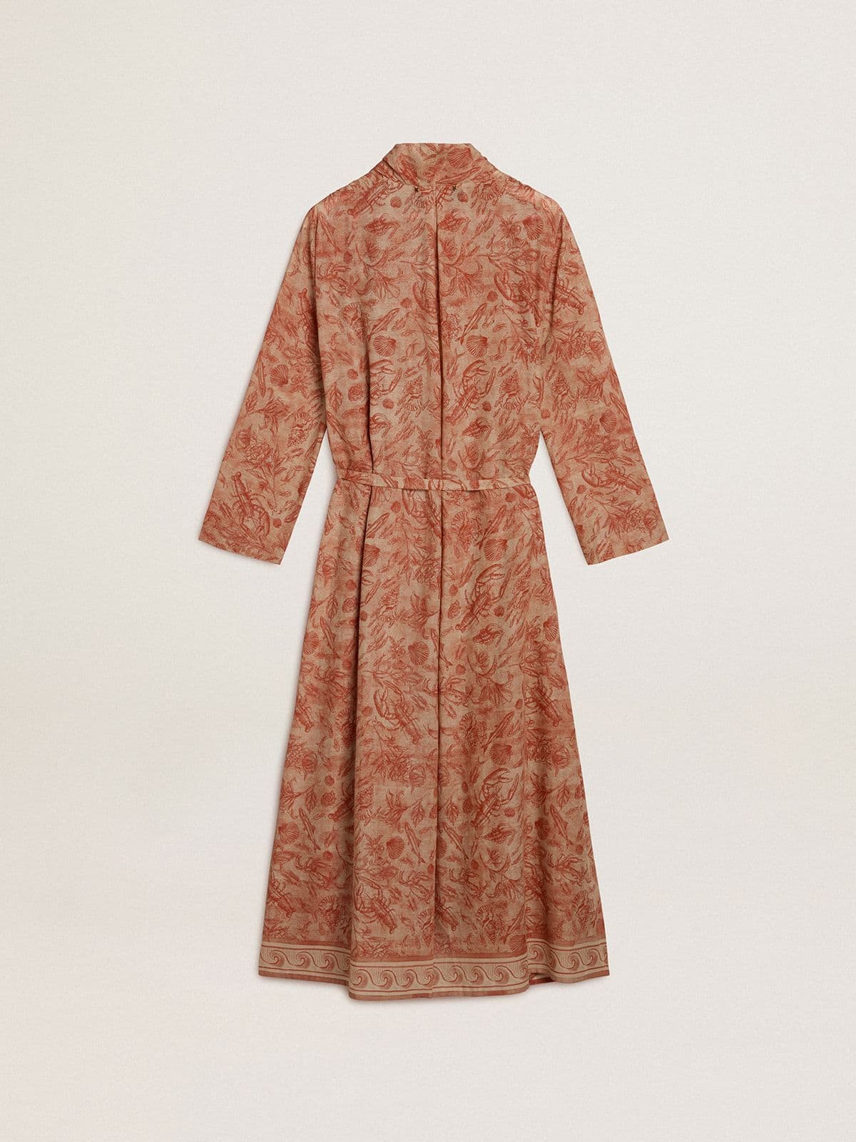 Women's kaftan in cotton voile with all-over brick-red marine print