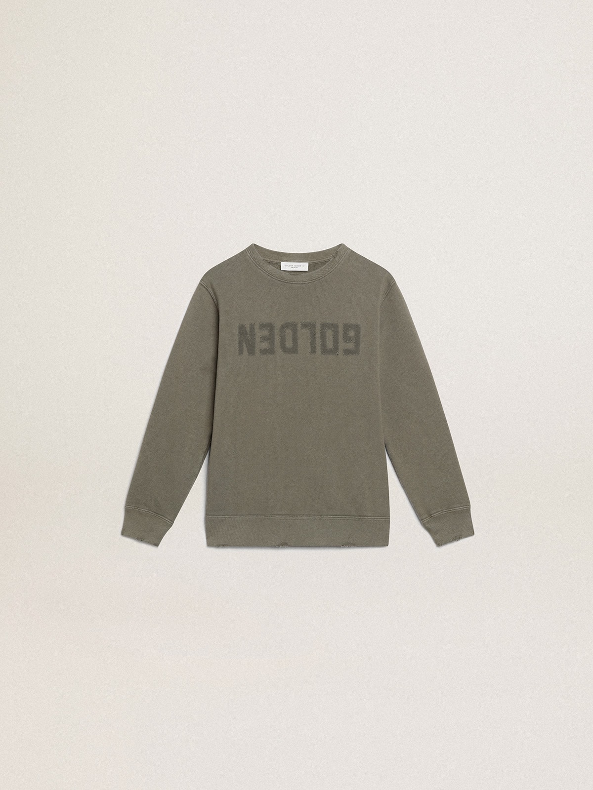 Distressed olive-green sweatshirt with Golden lettering on the front