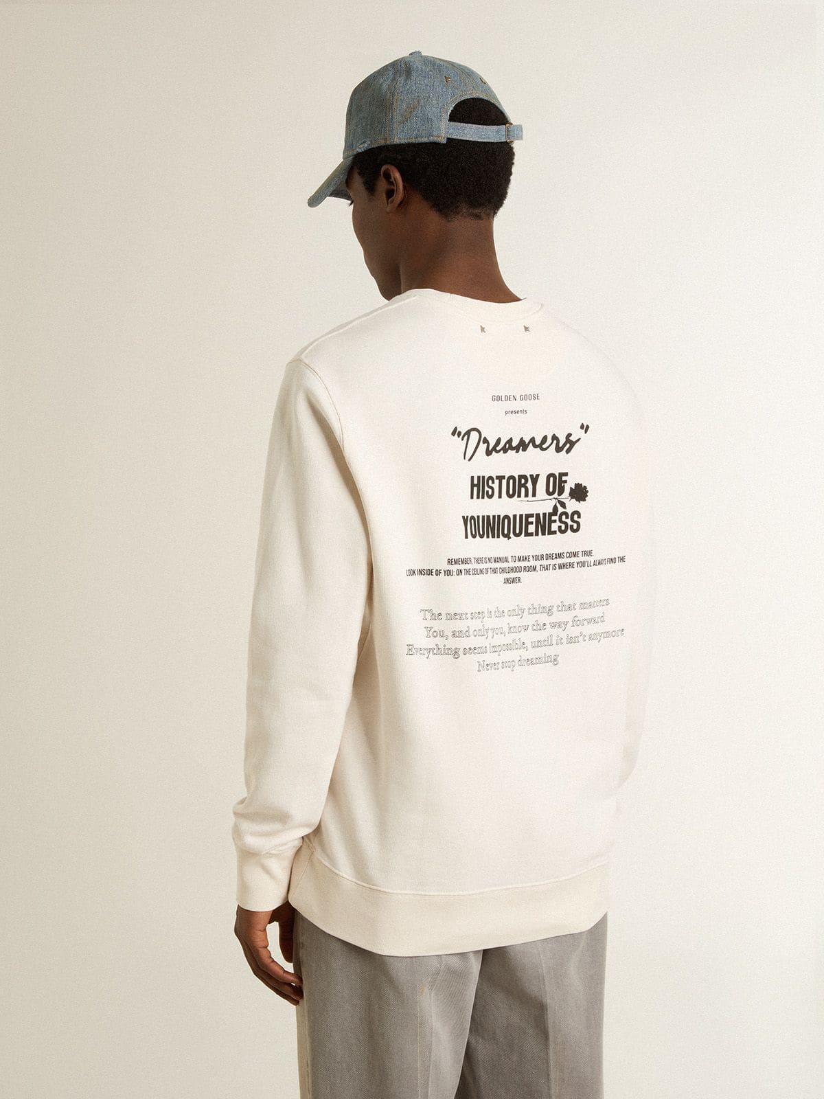 Men's white cotton sweatshirt with print on the back