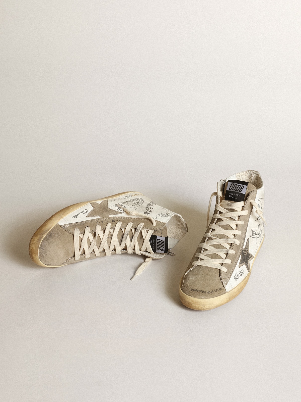 Women's Francy with dove gray suede inserts and all-over lettering