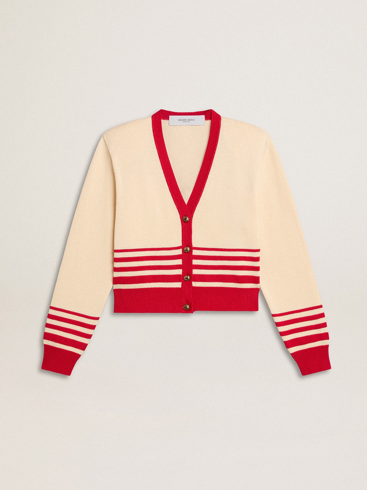 Women's cardigan in cream with red stripes