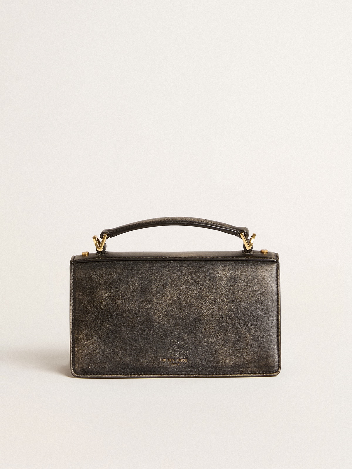 Small Venezia Bag in black distressed leather with gold details