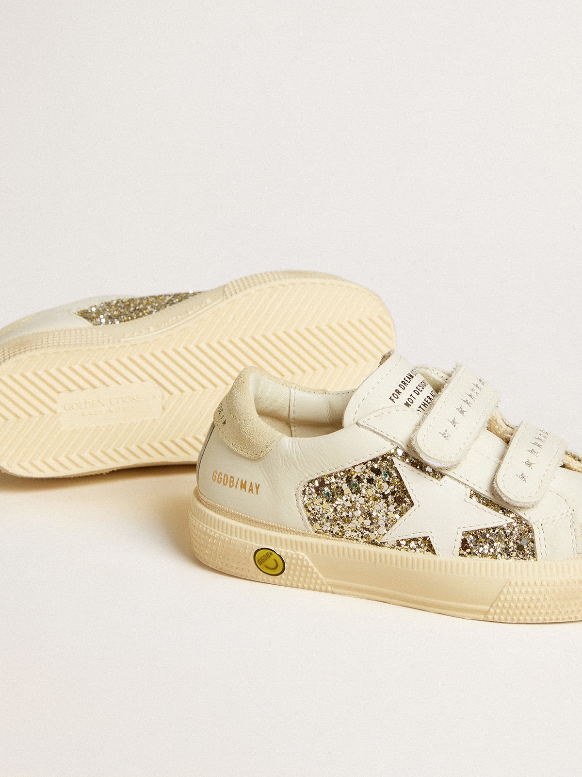 May Teen in white leather and gold glitter with white leather star