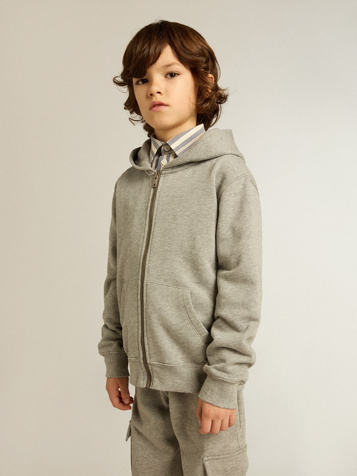 Gray melange hooded sweatshirt with print on the back