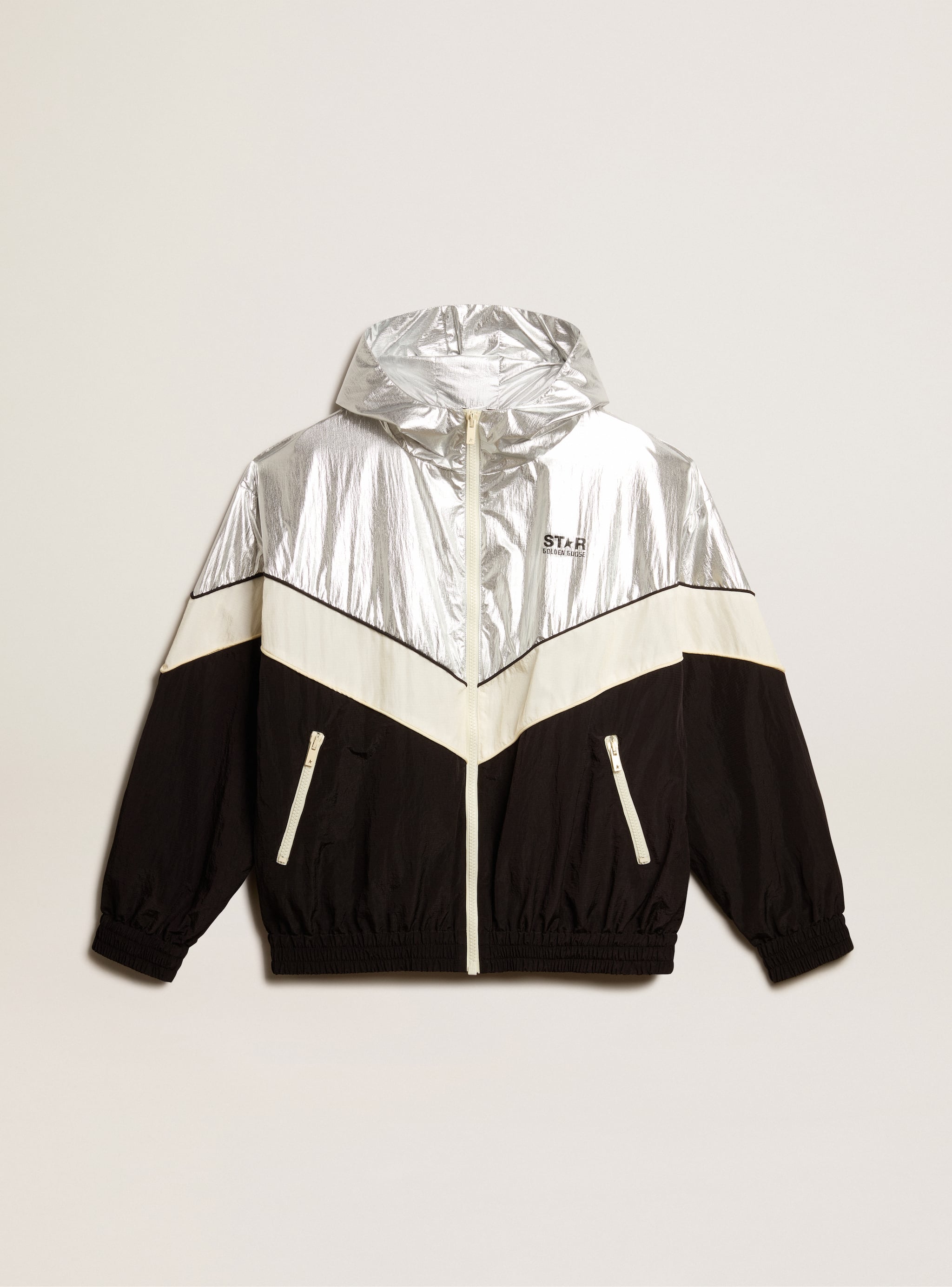Men's windcheater in silver and black technical fabric