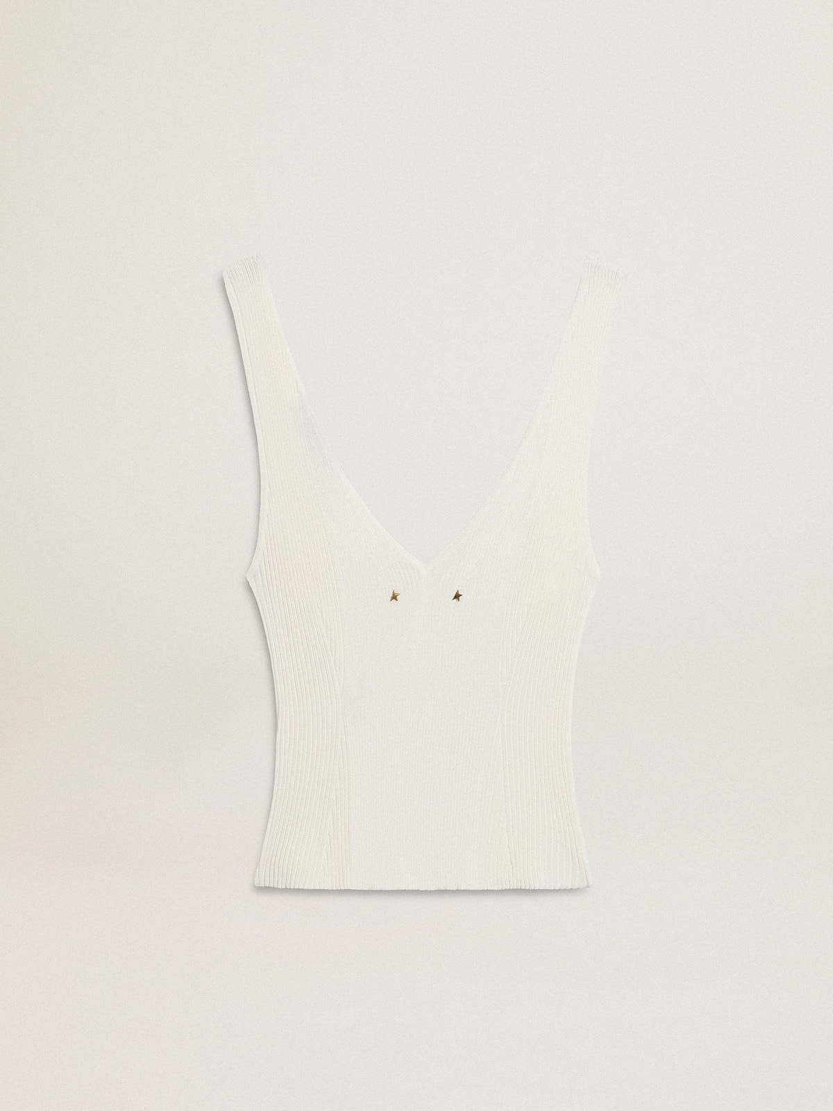 Sleeveless top embroidered with worn-white ribbing