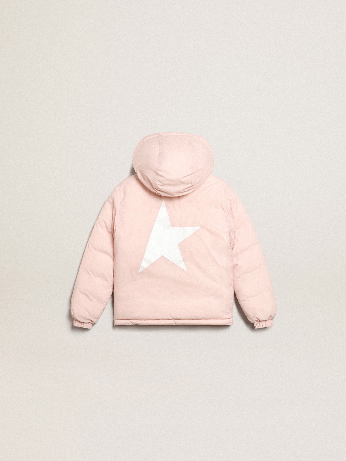 Pink padded jacket with hood and white maxi star on the back