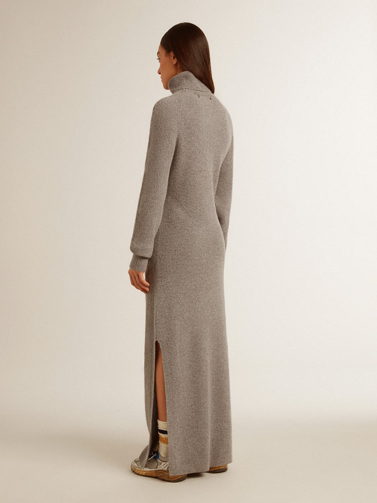 Gray melange ribbed woolen dress with high neck