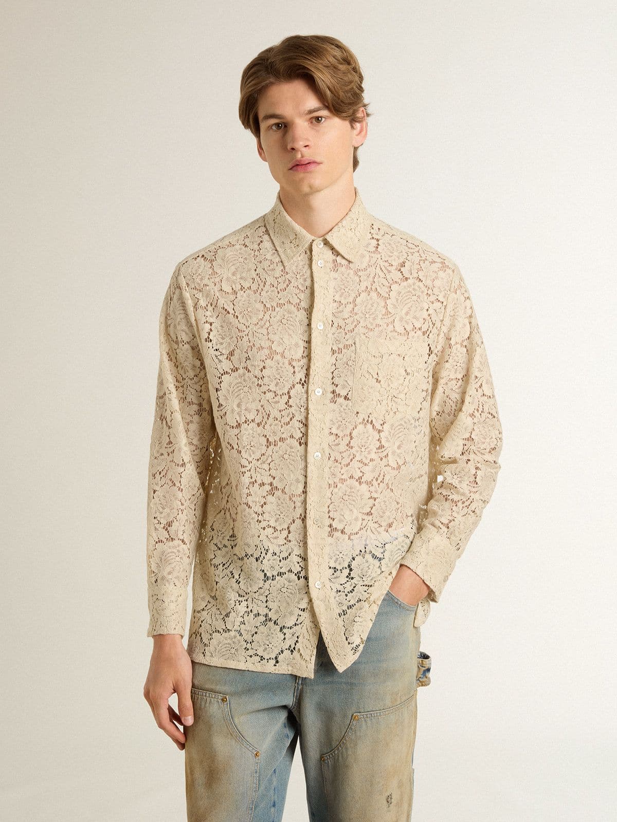 Oversized shirt in cream-colored see-through lace