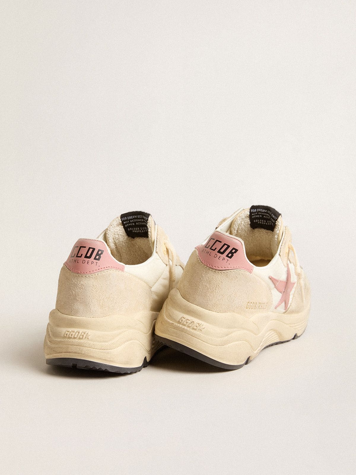 Women’s Running Sole in beige nylon with pink leather star and heel tab