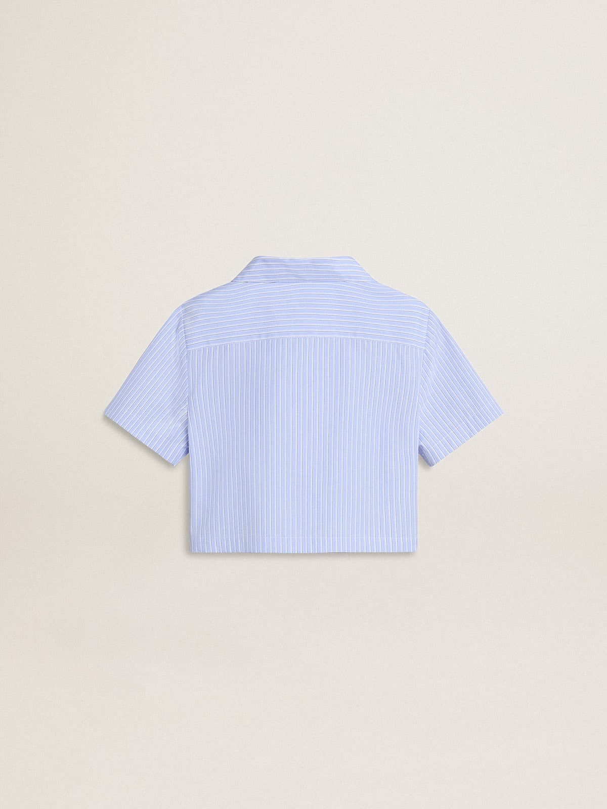 Girls' cropped shirt in striped light blue cotton