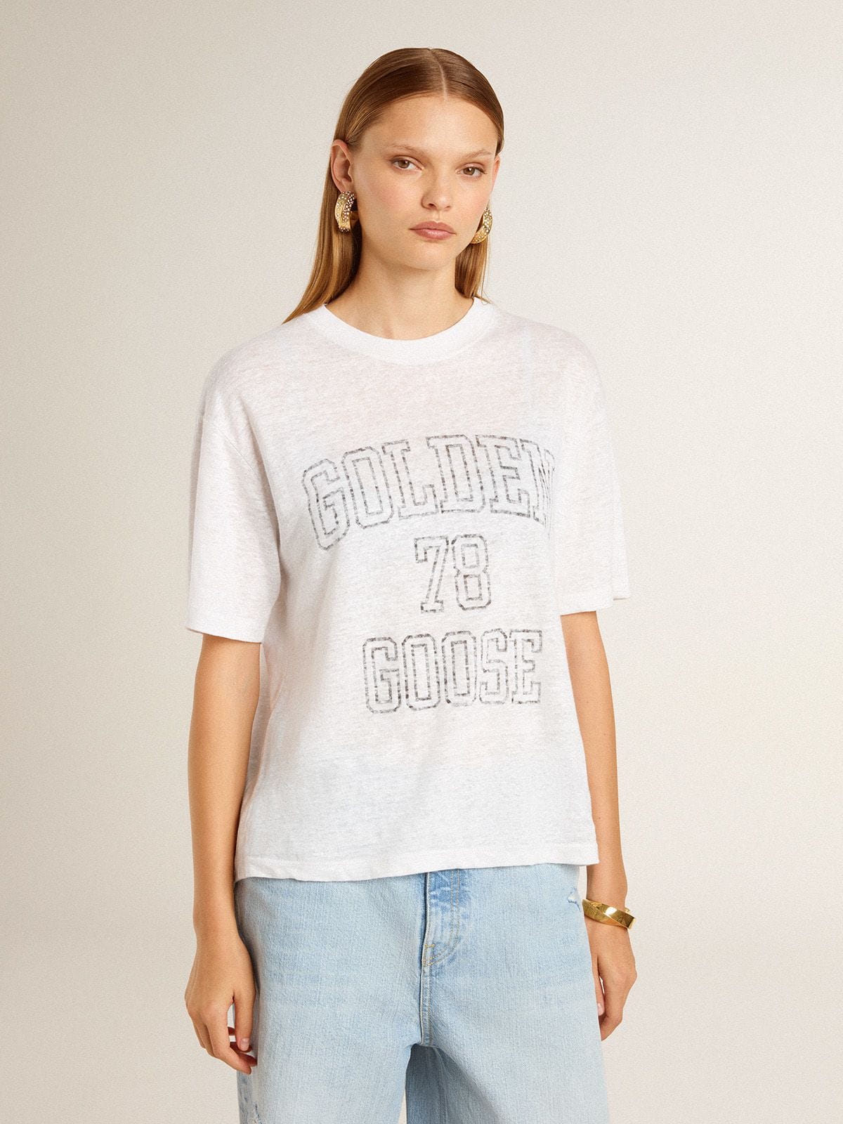 Women's lightweight white linen T-shirt with print