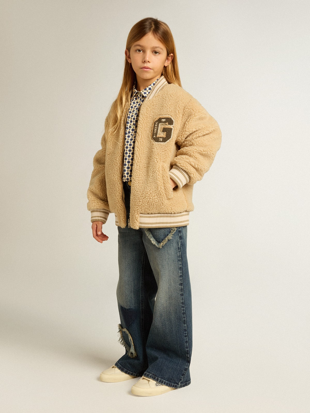 Kids beige fleece bomber jacket