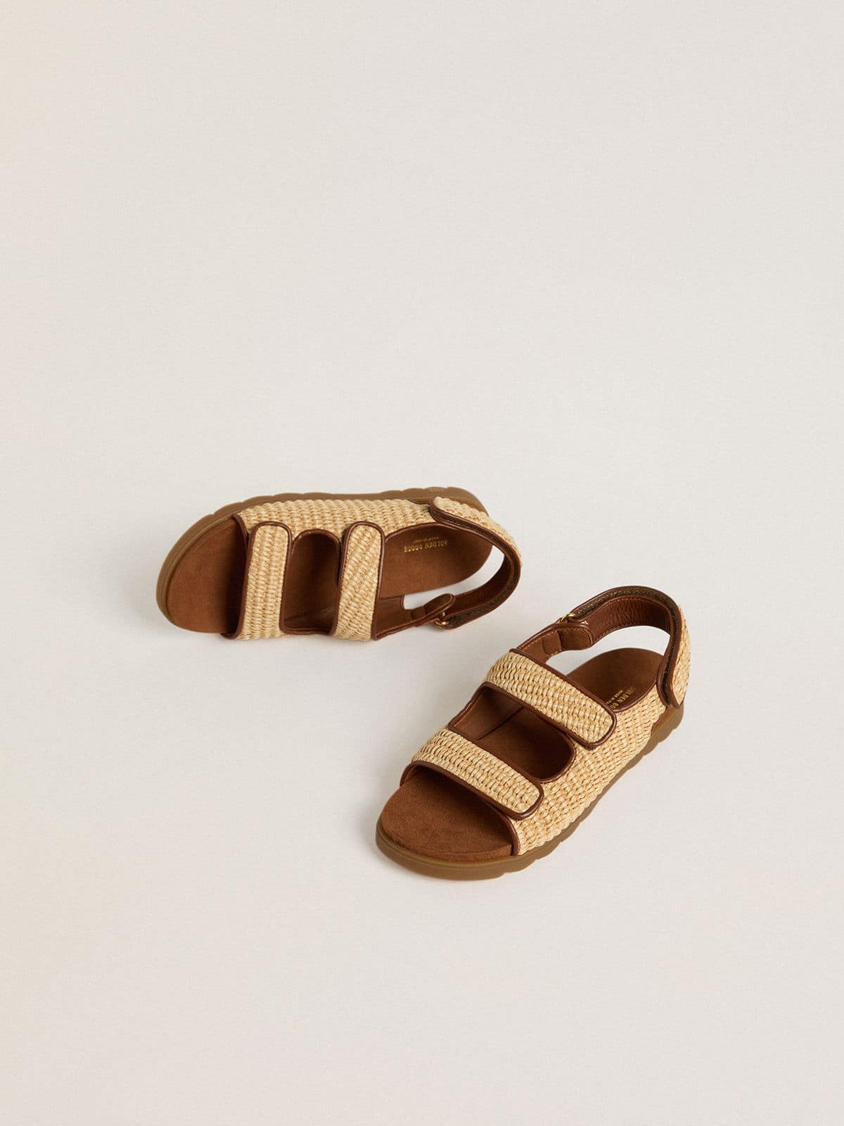 Junior Noa sandals in beige raffia and brown leather