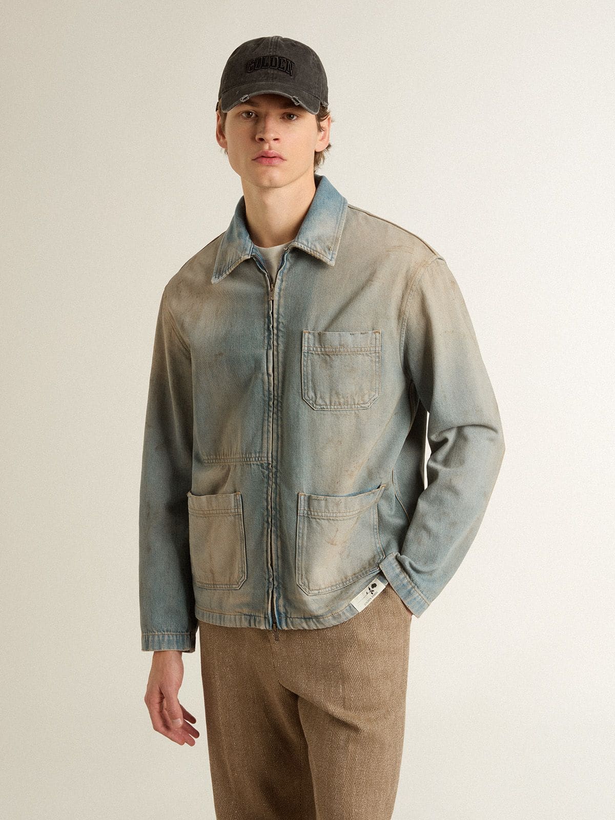 Men's distressed-effect denim jacket with zip