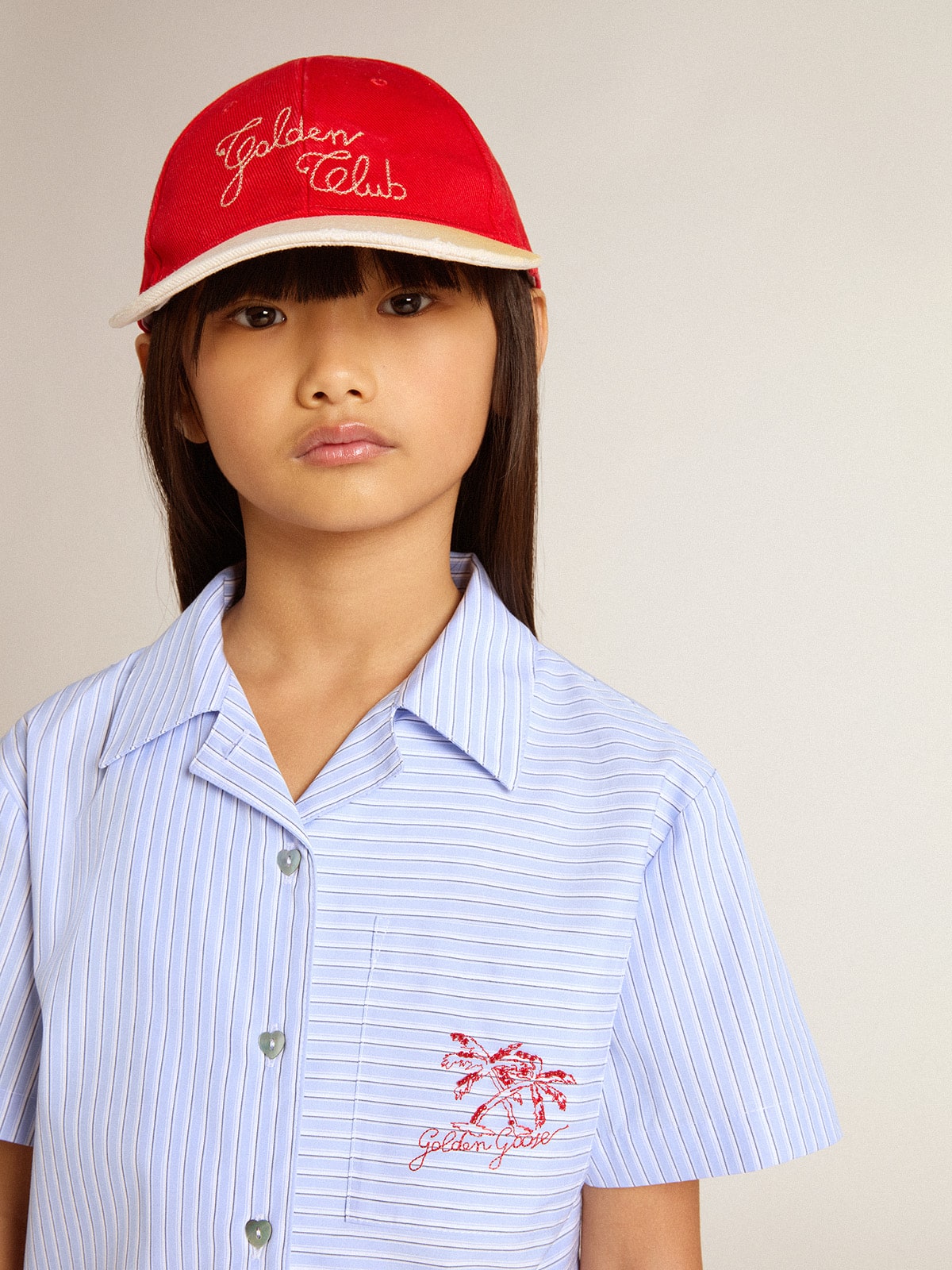 Girls' cropped shirt in striped light blue cotton